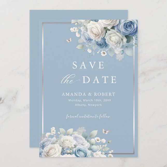 Save The Date Élégant chic Dusty Blue Boho Floral Enregistrer la (Devant / Derrière)