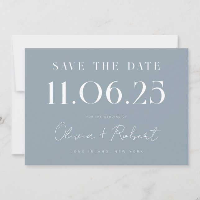 Save The Date Élégant Chic Dusty Blue Mariage Date Enregistrer L (Devant)