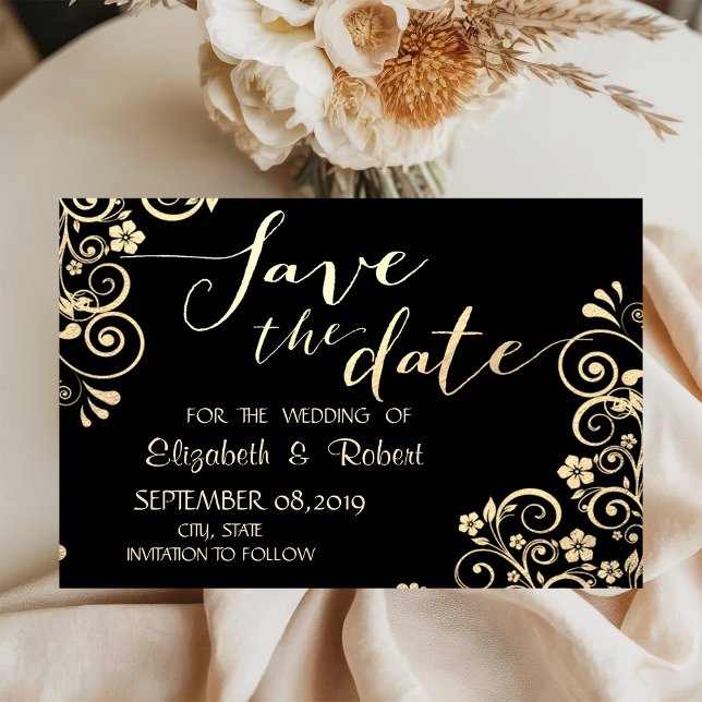 Save The Date Élégant Chic Fleurs Dorées Enregistrer La Date (Créateur téléchargé)