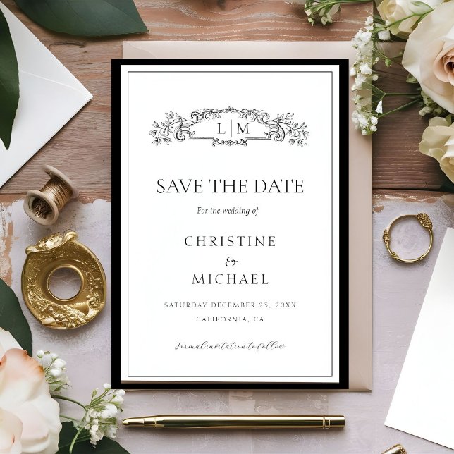 Save The Date Élégant & Chic mariage monogramme de crête botaniq (Créateur téléchargé)