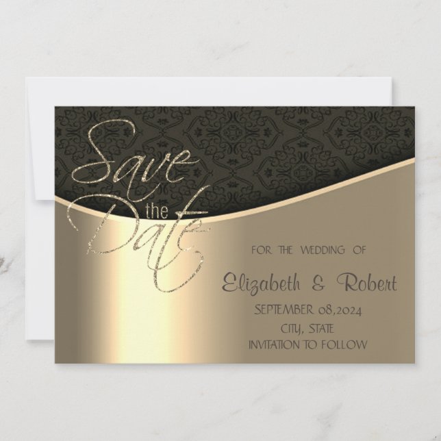 Save The Date Élégant Chic Noir Damas Or Sauvegarder La Date (Devant)