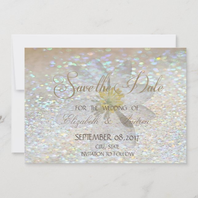 Save The Date Élégant Chic, Paillettes, Mariage Fleur de Margari (Devant)