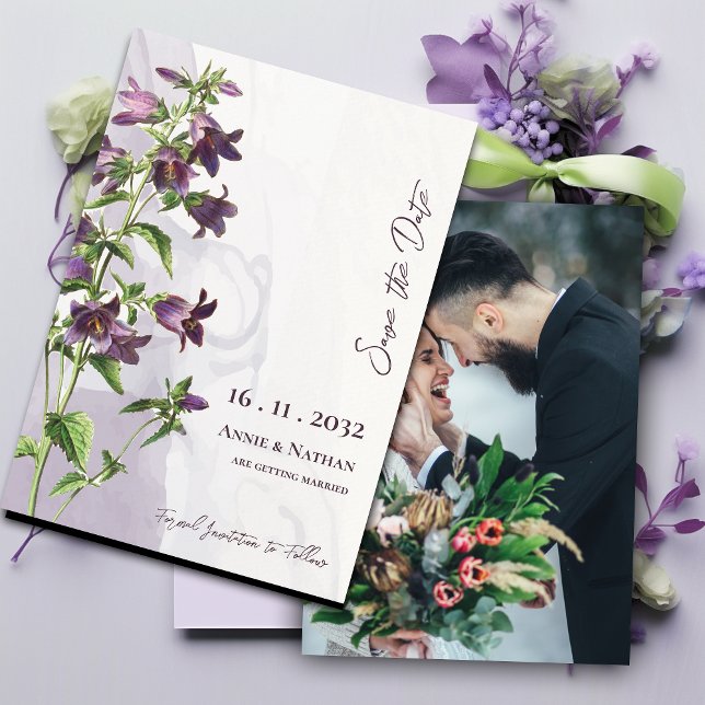 Save The Date Élégant Chic Purple Floral Mariage de script photo (Elegant Chic Purple Floral Photo Script Wedding Save The Date)