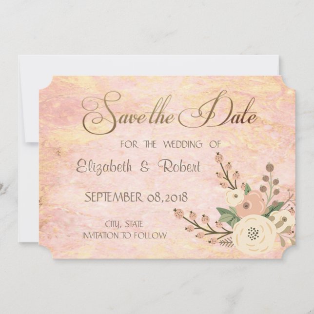 Save The Date Élégant Chic Rose Marbre Floral Enregistrer La Dat (Devant)
