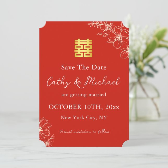 Save The Date Élégant chinois moderne script floral mariage roug (Debout devant)
