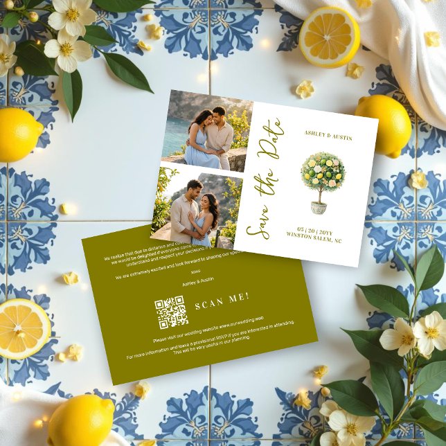 Save The Date Elegant Citrus Mediterranean Topiary 2-Photo (Elegant Citrus Mediterranean Topiary 2-Photo Wedding Save the Date Cards with Back Modern QR Code. )