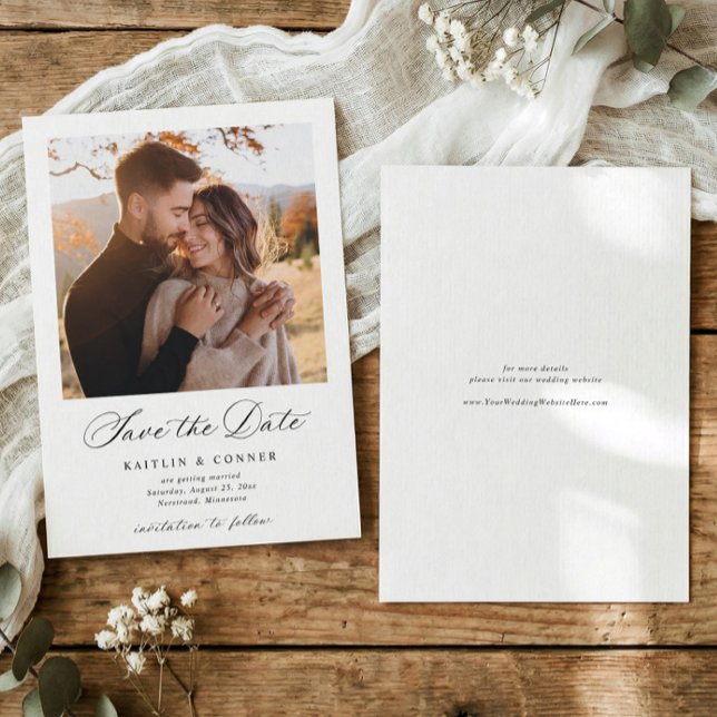 Save The Date Elegant Classic Calligraphy Photo Wedding (Formal wedding save the date with photo and refined black and white typography)