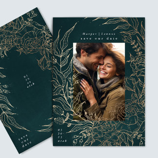 Save The Date Élégant classique Emerald Green Gold Wreath élégan