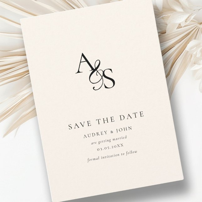 Save The Date Élégant, Classique, Monogramme, Beige, Mariage (Elegant, classic, monogram, beige, Save the Date Card. Print + Download available.)