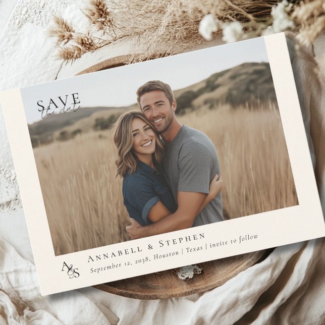 Save The Date Élégant, Classique, Monogramme, Beige, Mariage 1 P (Elegant, Classic, Monogram, Beige, Wedding 1 Photo Save The Date Card)