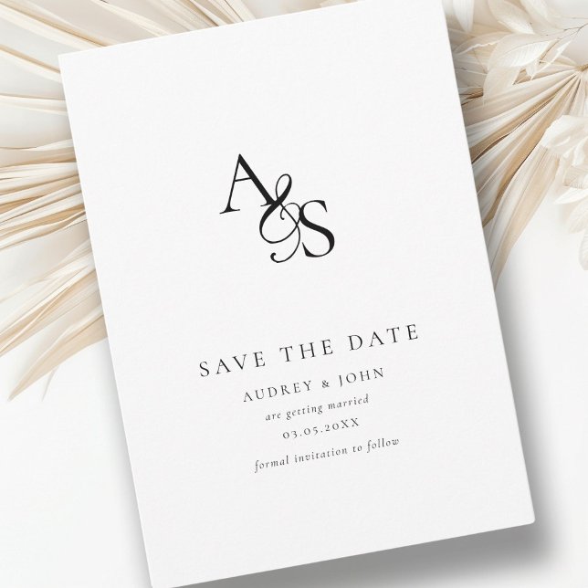 Save The Date Élégant, Classique, Monogramme, Blanc, Mariage (Elegant, Classic, Monogram, White, Save the Date Card. Print + Download availedding Save The Date. )