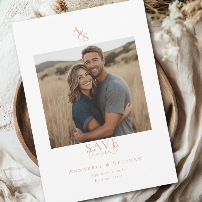 Save The Date Élégant, Classique, Monogramme, Blanc, Mariage 1 P (Elegant, Classic, Monogram, White, Wedding 1 Photo Save The Date Card)