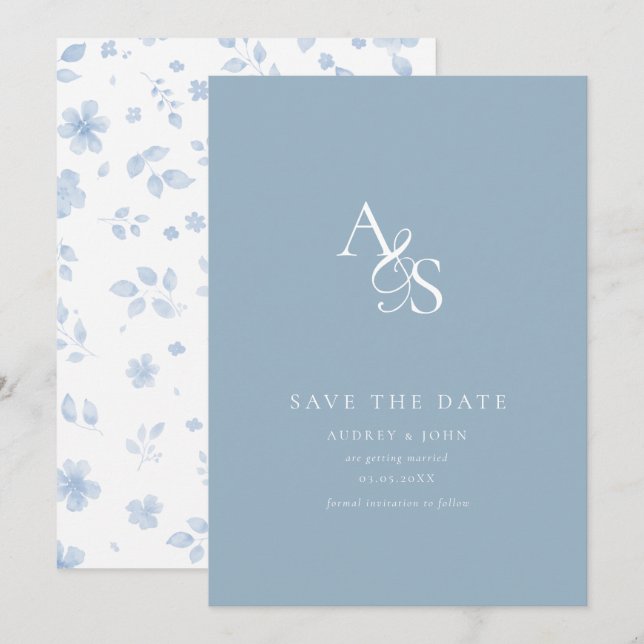 Save The Date Élégant, Classique, Monogramme, Bleu Poudre, Maria (Devant / Derrière)