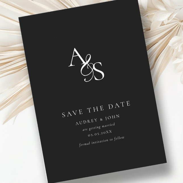 Save The Date Élégant, Classique, Monogramme, Noir, Mariage (Elegant, Classic, Monogram, White, Wedding Save The Date.  Black + White, Print & Download.)