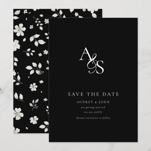 Save The Date Élégant, Classique, Monogramme, Noir, Mariage (Devant / Derrière)