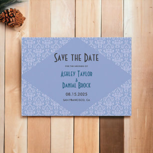 Save The Date Élégant Classy Blue Damask Script Mariage officiel