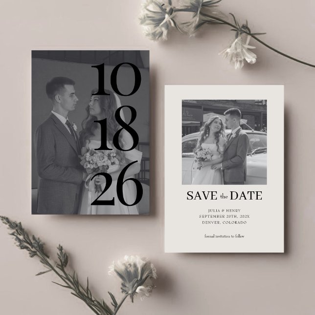 Save The Date Élégant Code QR de deux photos de mariage noir et  (Créateur téléchargé)
