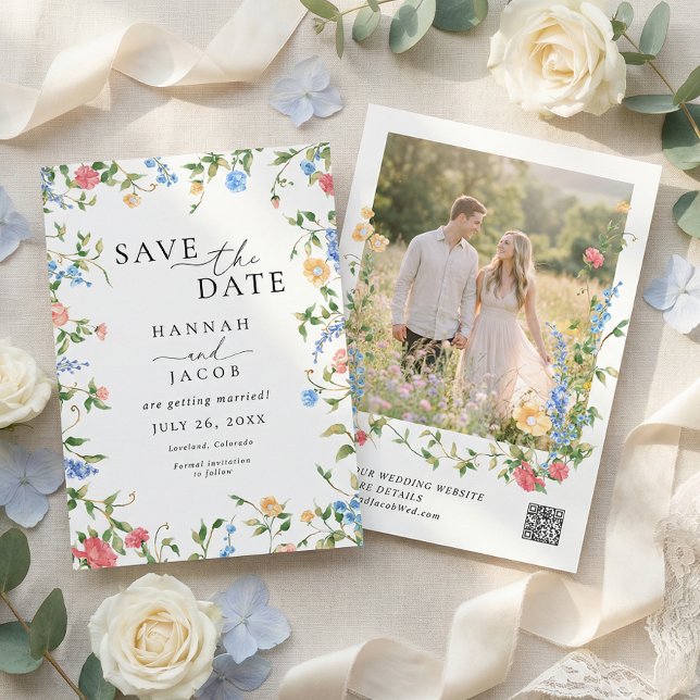 Save The Date Élégant Code QR de Fleur Sauvage pour Mariage (Créateur téléchargé)