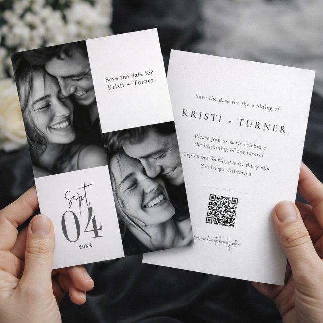 Save The Date Élégant Code QR de Photo Mariage Noir et Blanc (Créateur téléchargé)