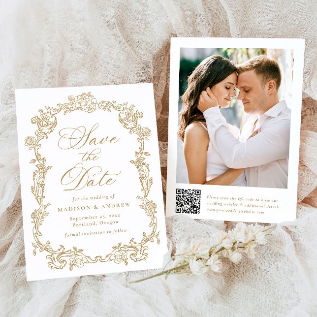 Save The Date Élégant Code QR Floral Doré Victorien Mariage (Créateur téléchargé)