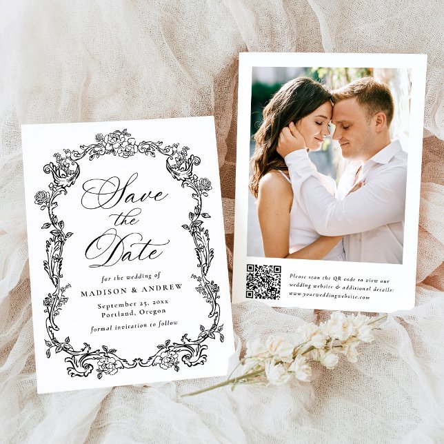 Save The Date Élégant Code QR Floral Victorien Mariage (Créateur téléchargé)