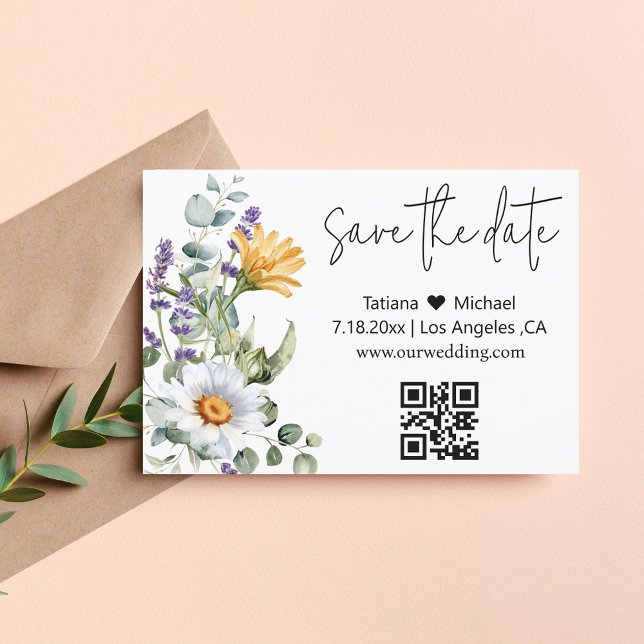 Save The Date élégant code qr moderne fleur sauvage aquarelle (Créateur téléchargé)