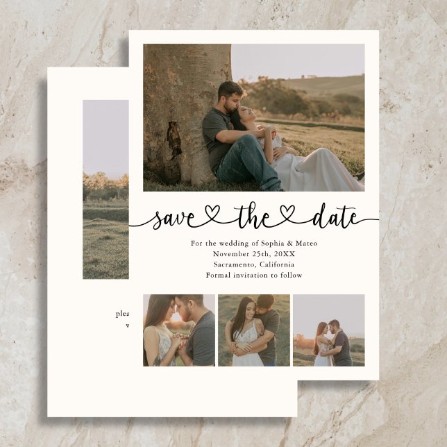 Save The Date Élégant Coeur Script 5 Photo Mariage (Créateur téléchargé)