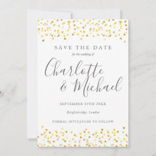 Save The Date Elégant Coeurs d'or Confetti Signature Script