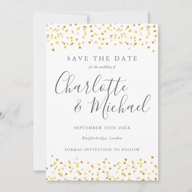 Save The Date Élégant Cœurs en Or Confettis Signature Script (Devant)