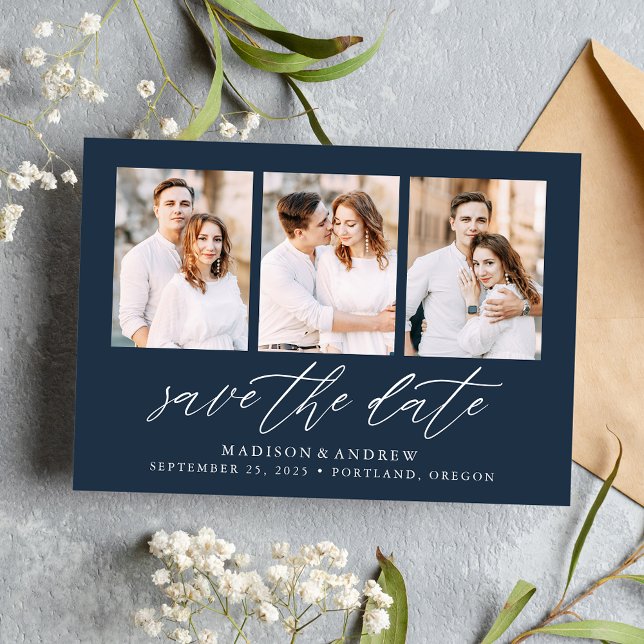 Save The Date Élégant Collage de 3 Photos Navy Script (Créateur téléchargé)