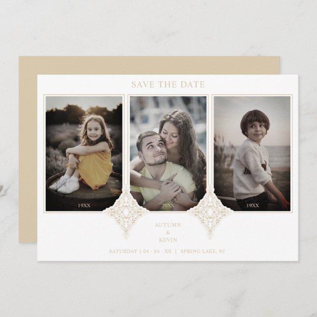 Save The Date Elegant Collage Lace Then & Now 3 Photos Wedding (Devant / Derrière)