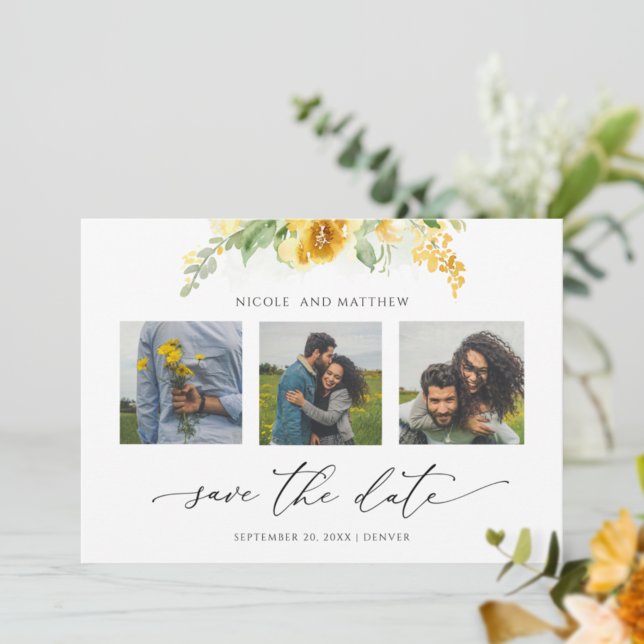 Save The Date Élégant Collage Photo Jaune Floral Mariage (Créateur téléchargé)