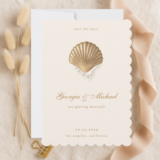 Save The Date Elégant Coquillage & Perles Mariage Gold Coastal (Créateur téléchargé)