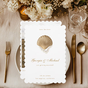 Save The Date Elégant Coquillage & Perles Mariage Gold Coastal