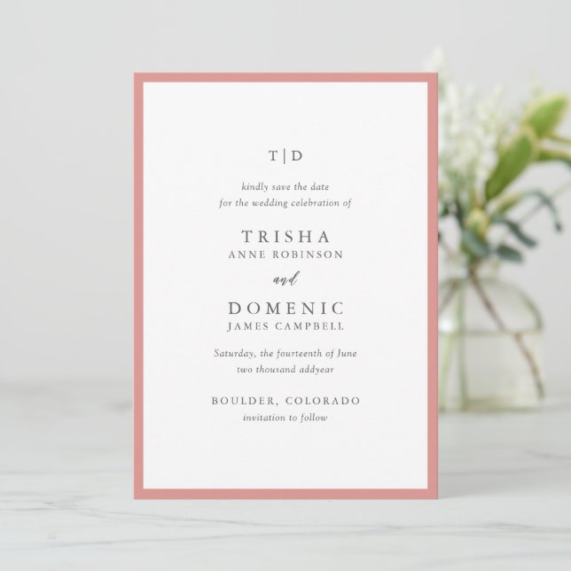 Save The Date Élégant corail rose Monogramme Mariage moderne (Debout devant)
