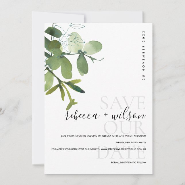 SAVE THE DATE ELÉGANT COULEUR D'EAU EUCALYPTUS VERT MODERNE ET B (Devant)