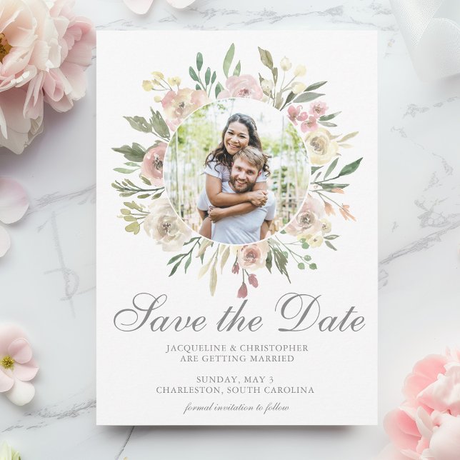 Save The Date Élégant Couple Floral Photo Blush Rose (Créateur téléchargé)