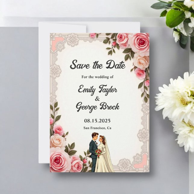 Save The Date Élégant Couple rose pâle Mariage Floral été (Créateur téléchargé)