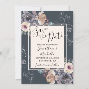 Save The Date Elégant Crème Gris Floral Marine Arrière - plan Ma
