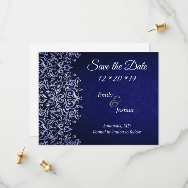 Save The Date Élégant Damas bleu et blanc | MARIAGE (Devant/Arrière en situation)