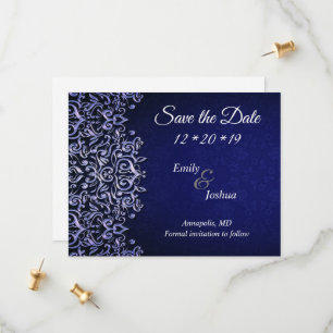 Save The Date Élégant Damas bleu et blanc MARIAGE
