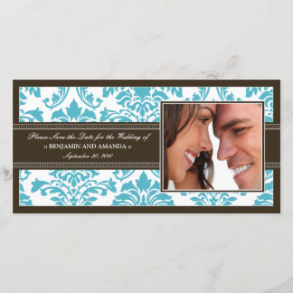 Save The Date Elegant Damask Save-the-Date Photocard : aqua