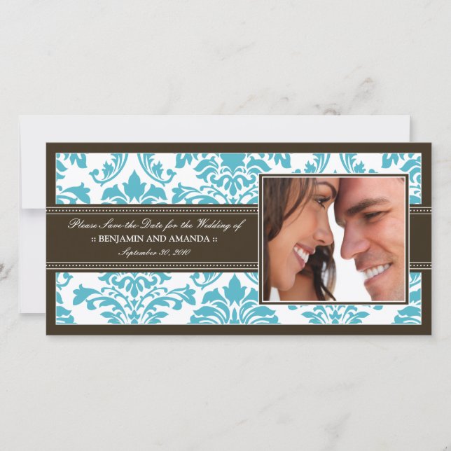 Save The Date Elegant Damask Save-the-Date Photocard : aqua (Devant)