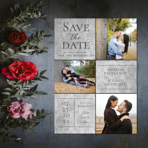 Save The Date Elegant Damask Three Photo Collage   Gray