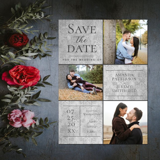 Save The Date Elegant Damask Three Photo Collage | Gray (Elegant Damask Three Photo Save the Date - Gray)