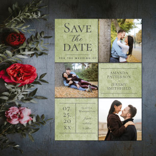 Save The Date Elegant Damask Three Photo Collage Green