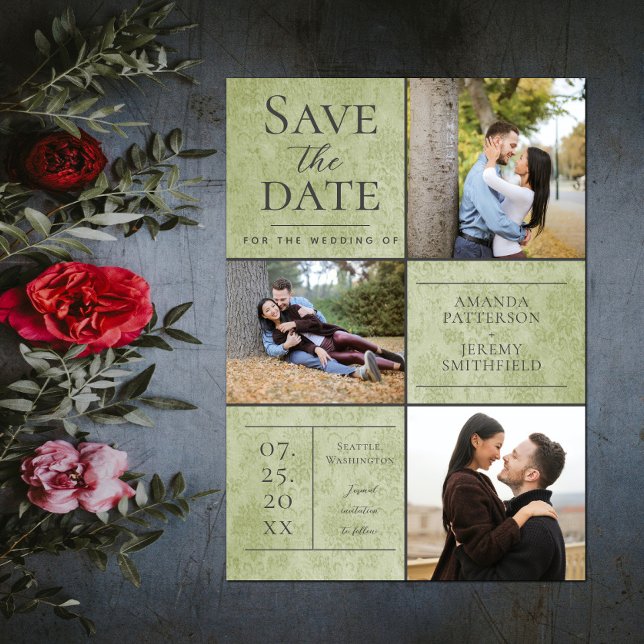 Save The Date Elegant Damask Three Photo Collage | Green (Elegant Damask Three Photo Save the Date - Green)