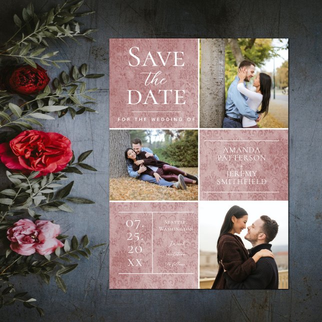 Save The Date Elegant Damask Three Photo Collage | Rose (Elegant Damask Three Photo Save the Date - Pink)