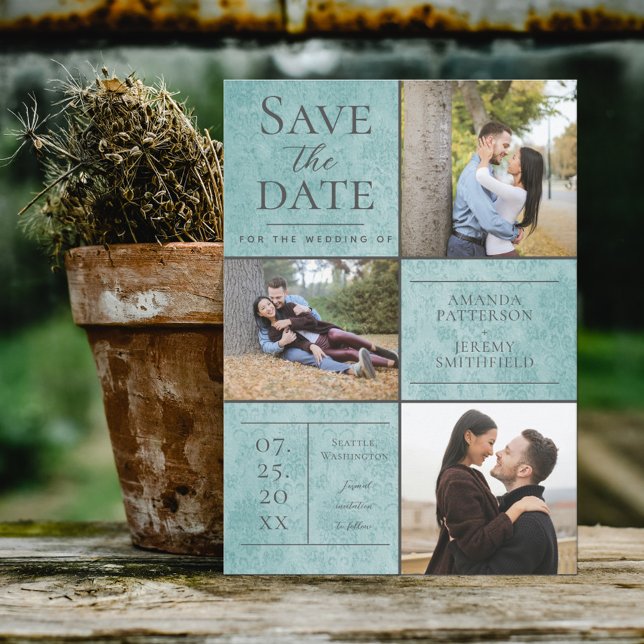 Save The Date Elegant Damask Three Photo Collage | Sarcelle (Créateur téléchargé)