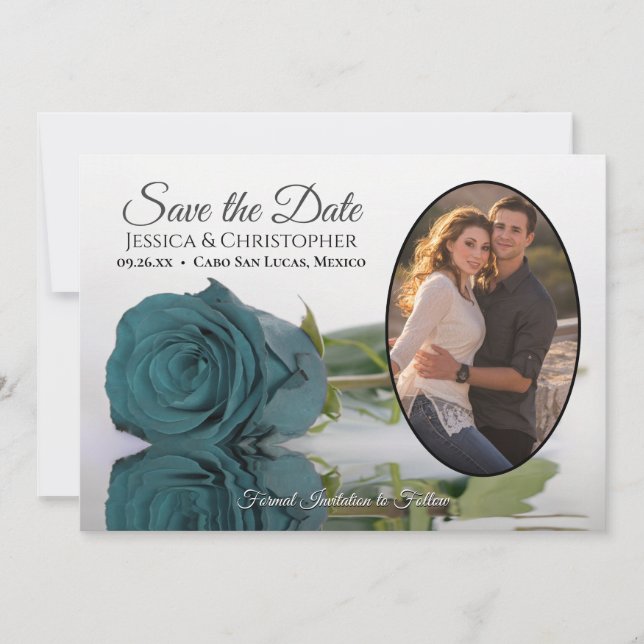 Save The Date Elégant Dark Aqua Rose Turquoise Oval Photo Mariag (Devant)